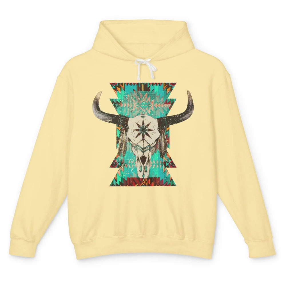 Boho Bull Skull Turquoise Aztec Western Country Rodeo Cowboy Unisex Lightweight Hoodie