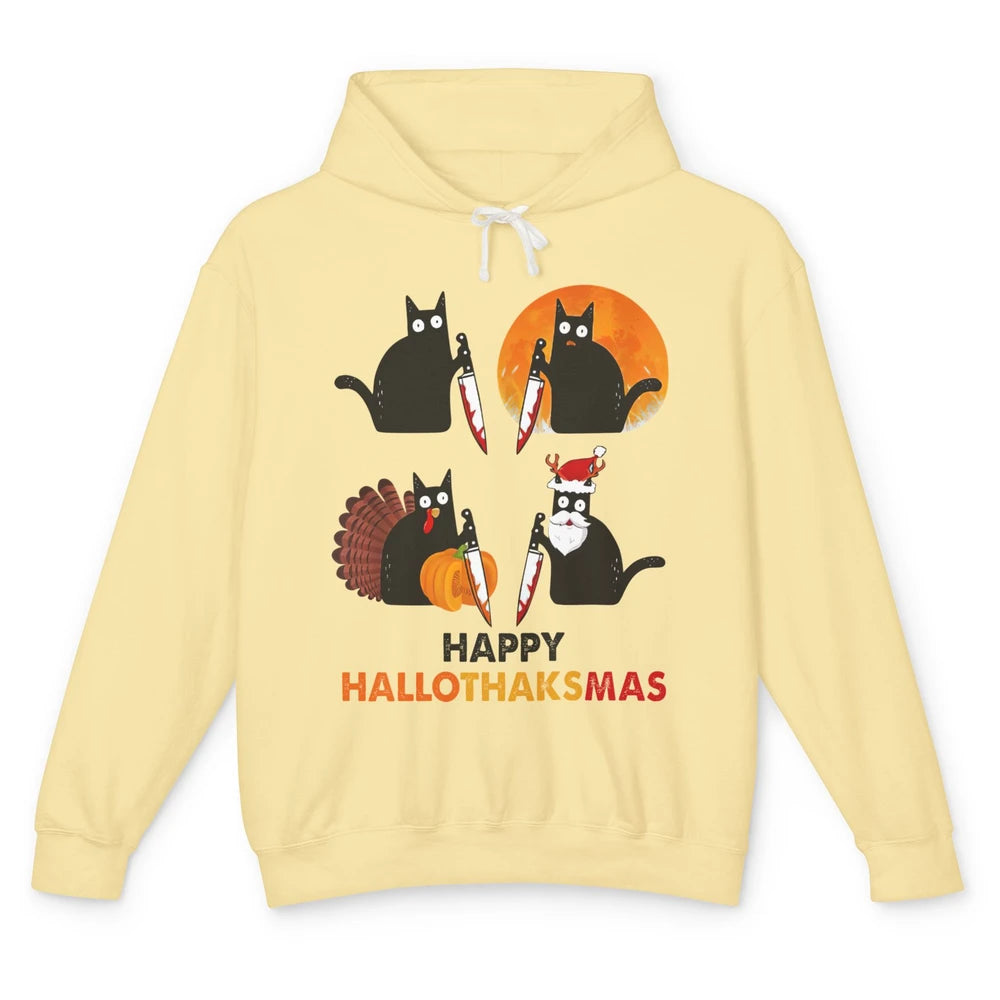 Funny Murderous Cat Turkey Hallo-thank-mas Thanksgiving Xmas Unisex Lightweight Hoodie