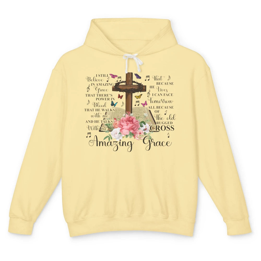 Christian Floral Cross I Still Believe In Amazing Grace Unisex Lightweight Hoodie