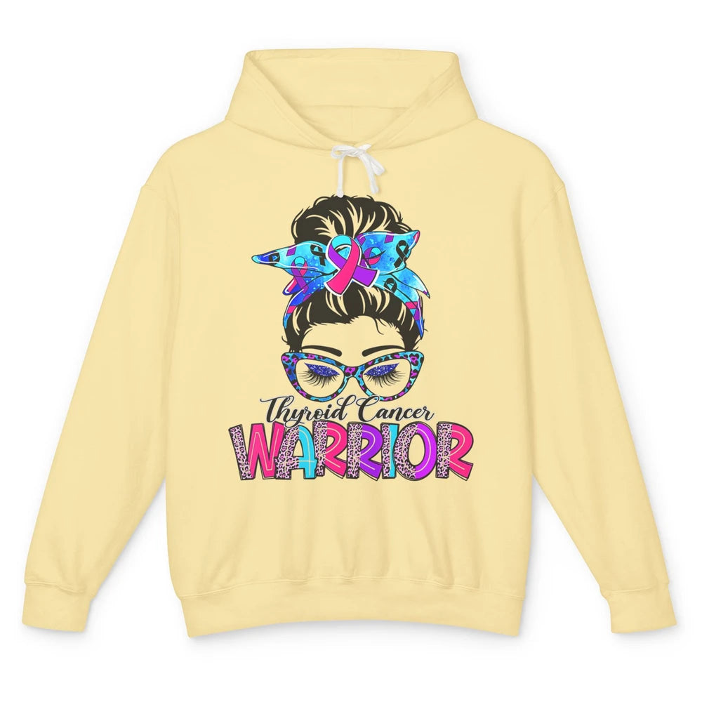 Messy Hair Bun Leopard Warrior Mom Thyroid Cancer Awareness Unisex Lightweight Hoodie