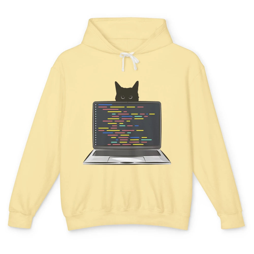 Funny Software Engineer Black Cat Coding Computer Code Humor Unisex Lightweight Hoodie