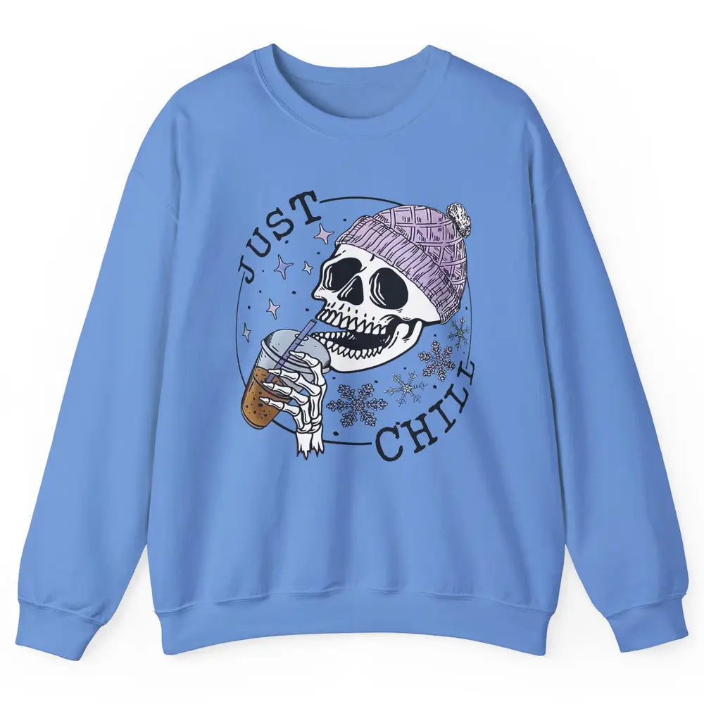 Funny Skeleton Coffee Just Relax Snowflakes Christmas Unisex Crewneck Sweatshirt