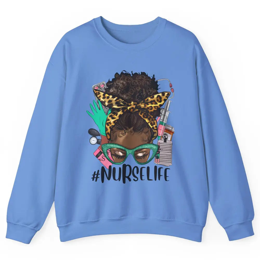 Afro Nurse Messy Bun Hair Black Melanin Nurse Life Leopard Unisex Crewneck Sweatshirt