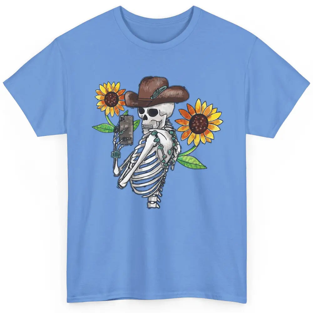 Western Cowboy Hat Skeleton Sunflower Funny Skeleton Selfie Classic Unisex T-Shirt