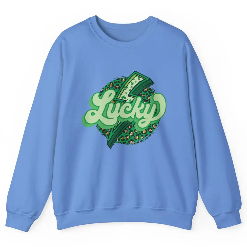 St Patrick Leopard Shamrocks Lucky Lightning Bolt Western Unisex Crewneck Sweatshirt