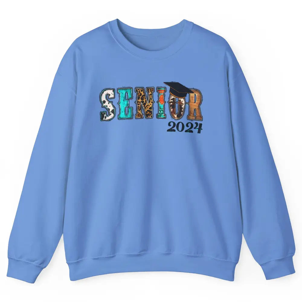 Sunflower Leopard Senior 2024 Graduate Bachelor Western Grad Unisex Crewneck Sweatshirt