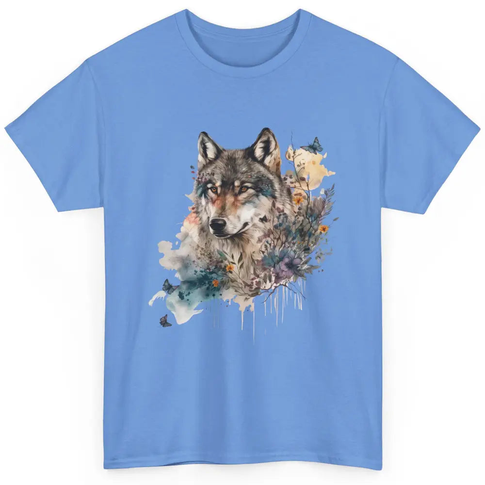 Watercolor Wolf Face Howl Butterfly Wolves Wild Animal Retro Classic Unisex T-Shirt