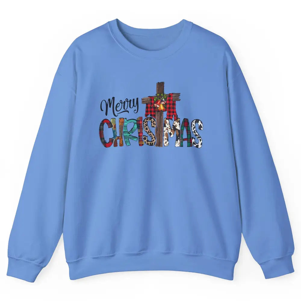 Leopard Jesus Cross Merry Christmas Christian Western Xmas Unisex Crewneck Sweatshirt