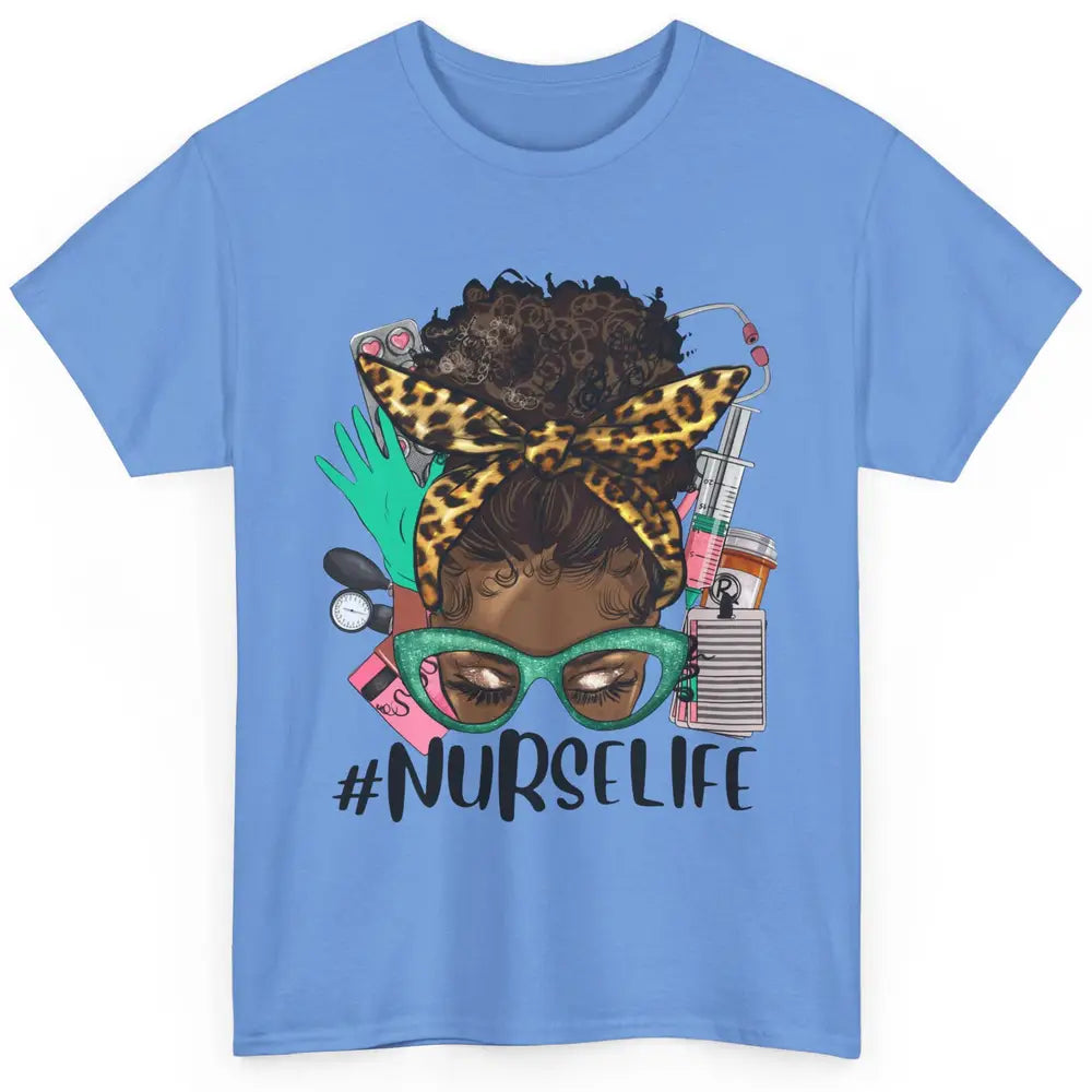 Afro Nurse Messy Bun Hair Black Melanin Nurse Life Leopard Classic Unisex T-Shirt