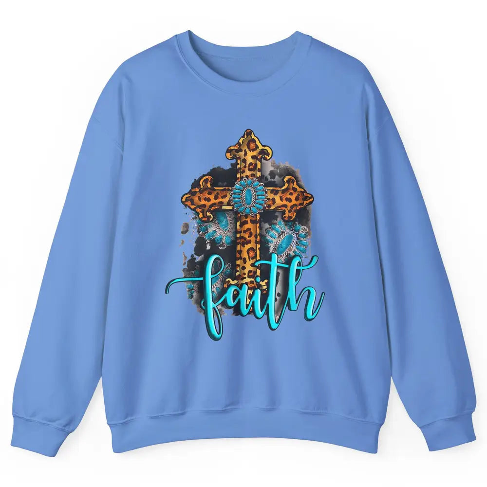 Western Gemstone Leopard Turquoise Cross Faith Jesus God Unisex Crewneck Sweatshirt