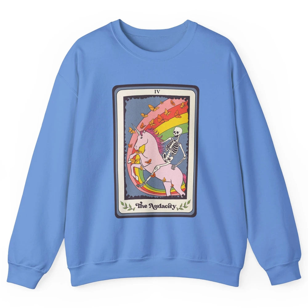 Retro Skeleton Rides Unicorn The Audacity Tarot Card Rainbow Unisex Crewneck Sweatshirt