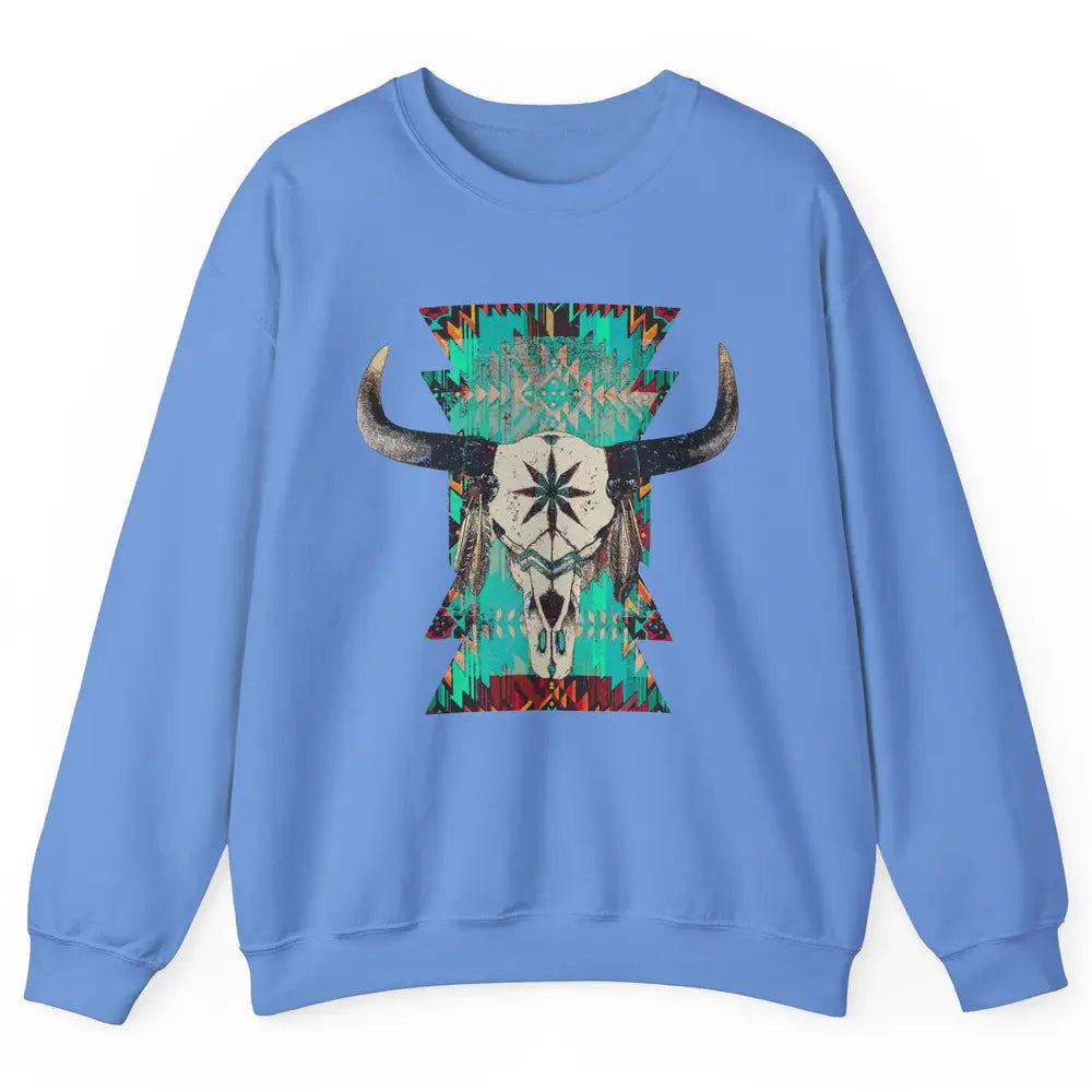 Boho Bull Skull Turquoise Aztec Western Country Rodeo Cowboy Unisex Crewneck Sweatshirt