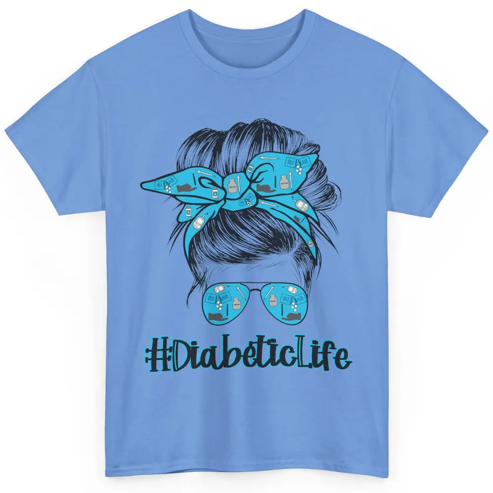 Diabetic Life Mom Messy Bun Blue Ribbon Diabetes Awareness Classic Unisex T-Shirt