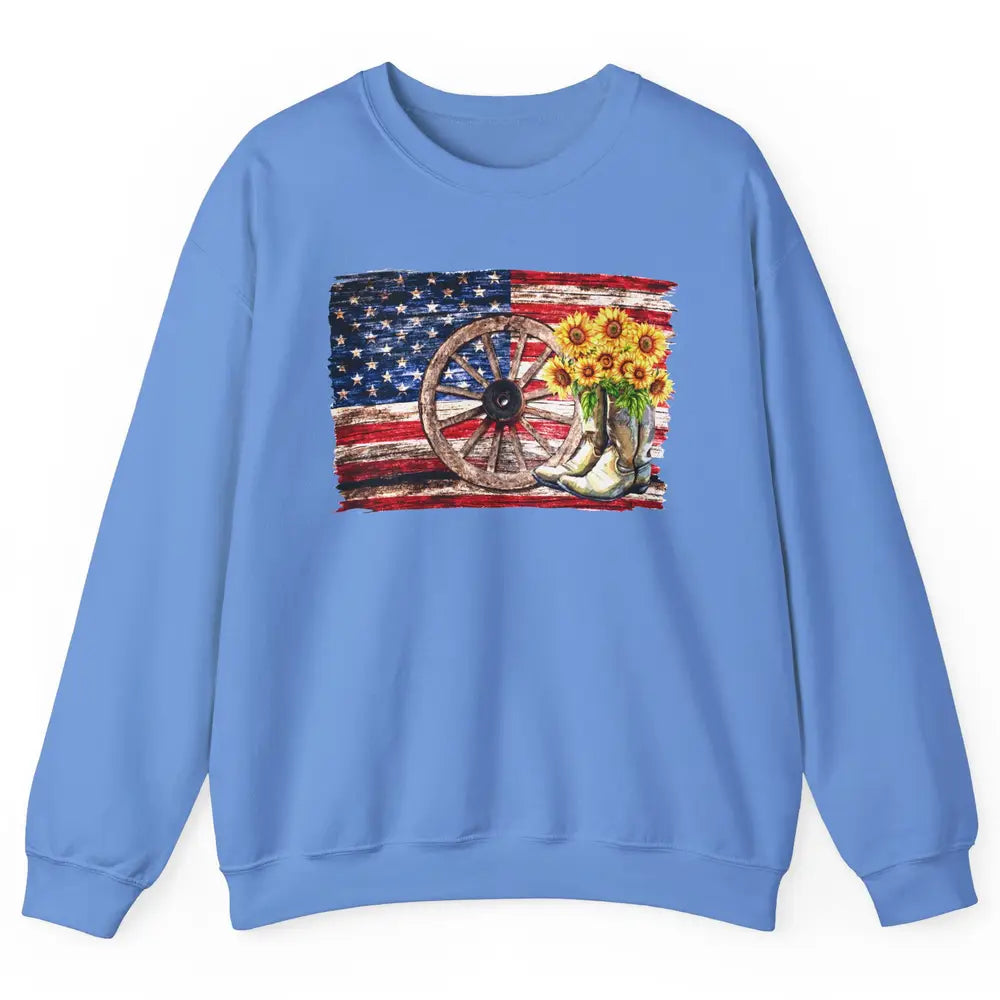 Retro US Flag Sunflower Cowgirl Boots Texas Cowboy Western Unisex Crewneck Sweatshirt