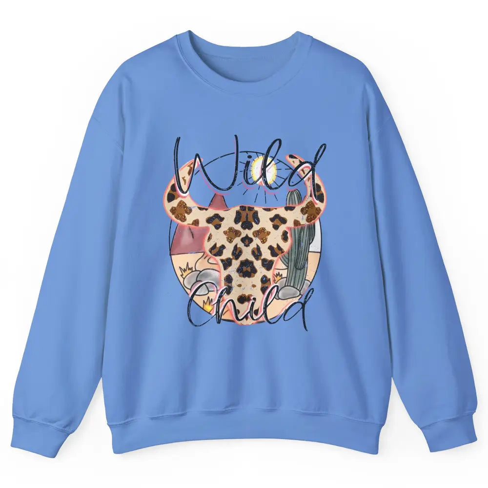 Boho Bull Skull Wild Child Desert Cactus Western Country Unisex Crewneck Sweatshirt