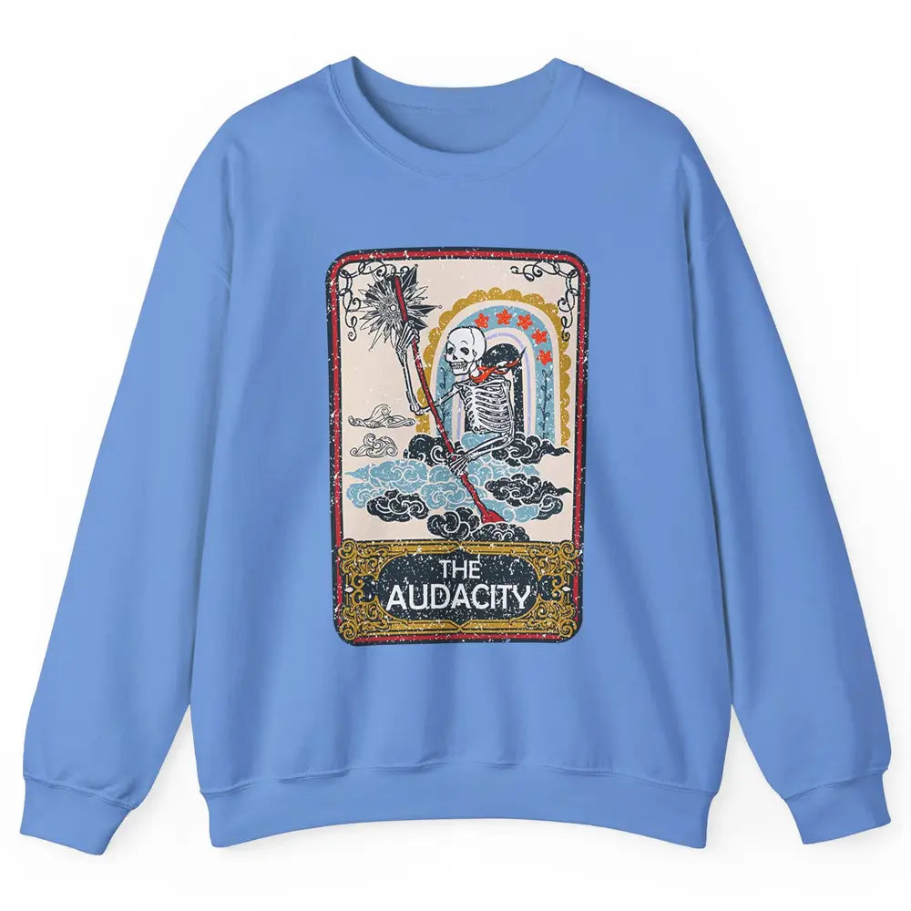 Retro Skeleton Riding Clouds Rainbow The Audacity Tarot Card Unisex Crewneck Sweatshirt