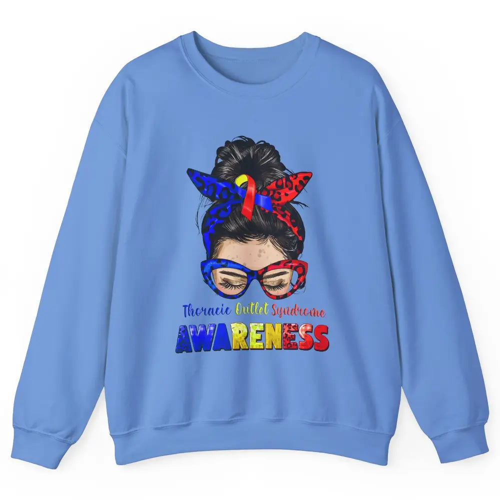 Thoracic Outlet Syndrome Ribbon Leopard Messy Bun Glasses Unisex Crewneck Sweatshirt