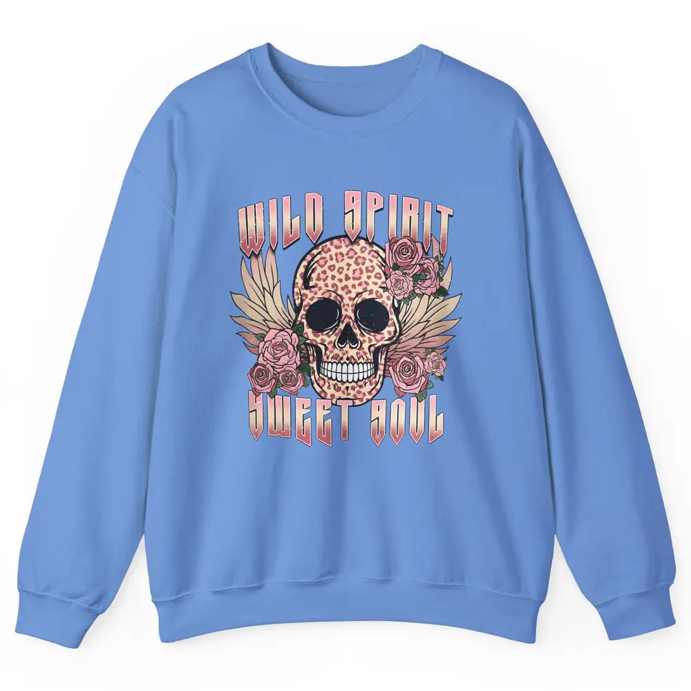 Wild Spirit Sweet Soul Skull Leopard Flowers Western Boho Unisex Crewneck Sweatshirt