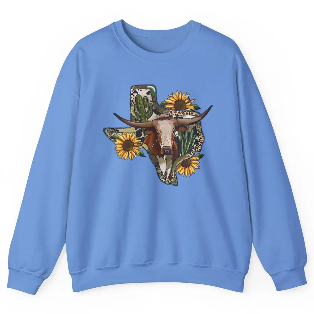 Texas Map Leopard Sunflower Western Texas Cow Longhorn Unisex Crewneck Sweatshirt