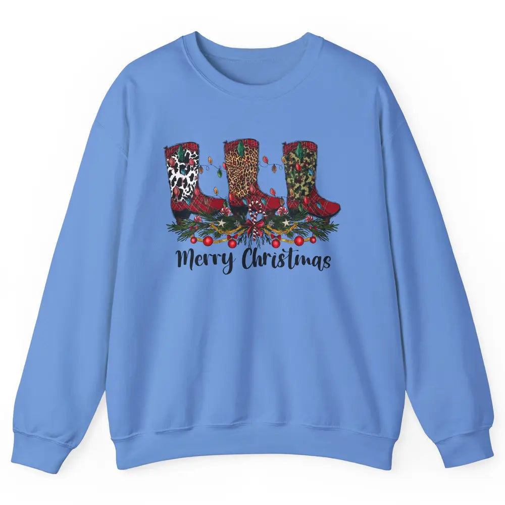 Christmas Cowboy Boots Santa Boots Leopard Western Christmas Unisex Crewneck Sweatshirt