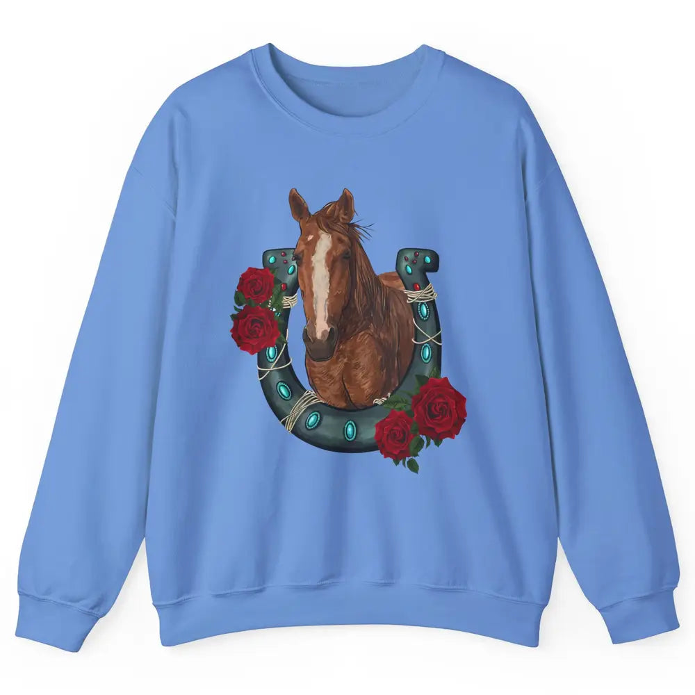 Western Country Texas Cowgirl Floral Horseshoe Horse Riding Unisex Crewneck Sweatshirt