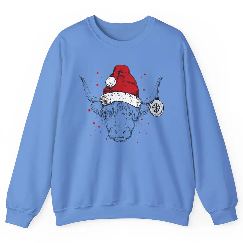 Cute Highland Cow Christmas With Santa Hat Western Xmas Cow Unisex Crewneck Sweatshirt