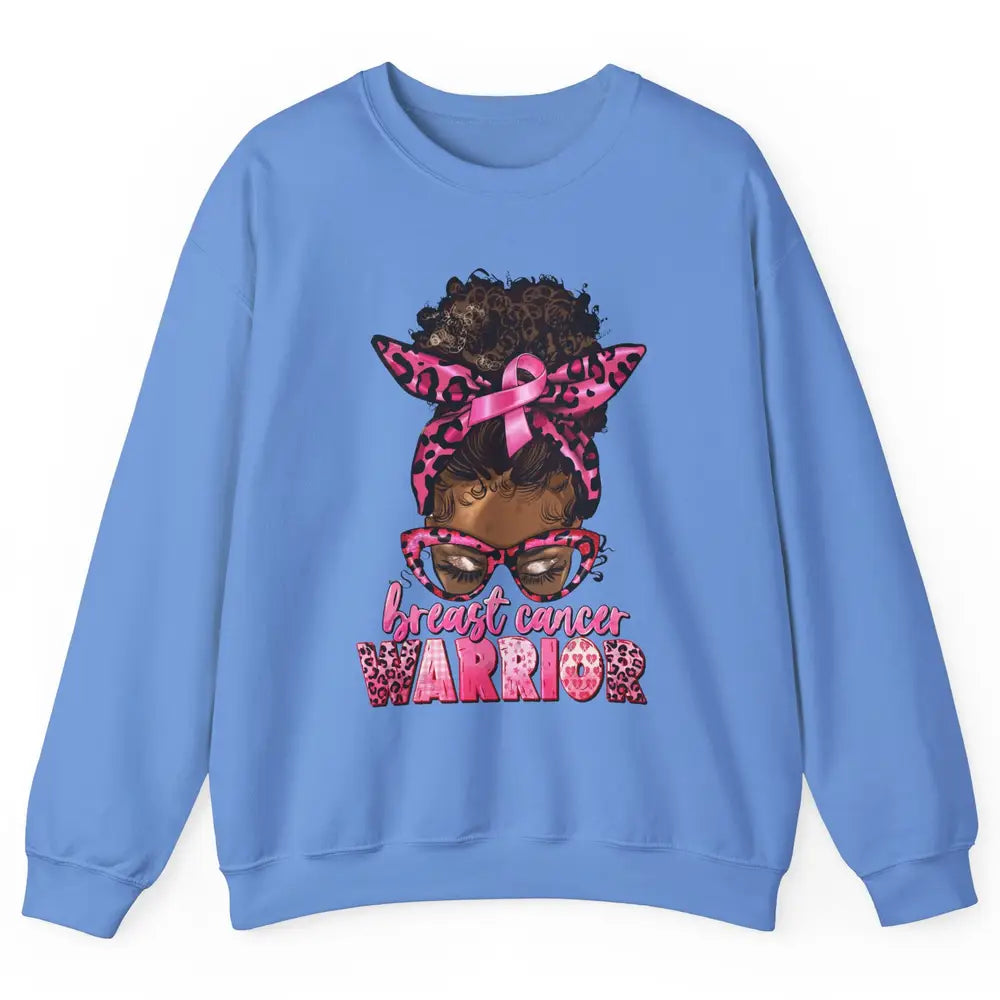 Afro Black Woman Breast Cancer Awareness Messy Bun Leopard Unisex Crewneck Sweatshirt