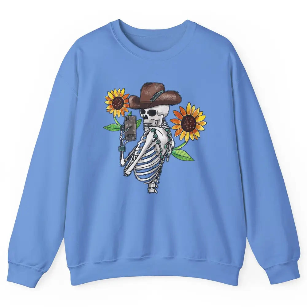 Western Cowboy Hat Skeleton Sunflower Funny Skeleton Selfie Unisex Crewneck Sweatshirt