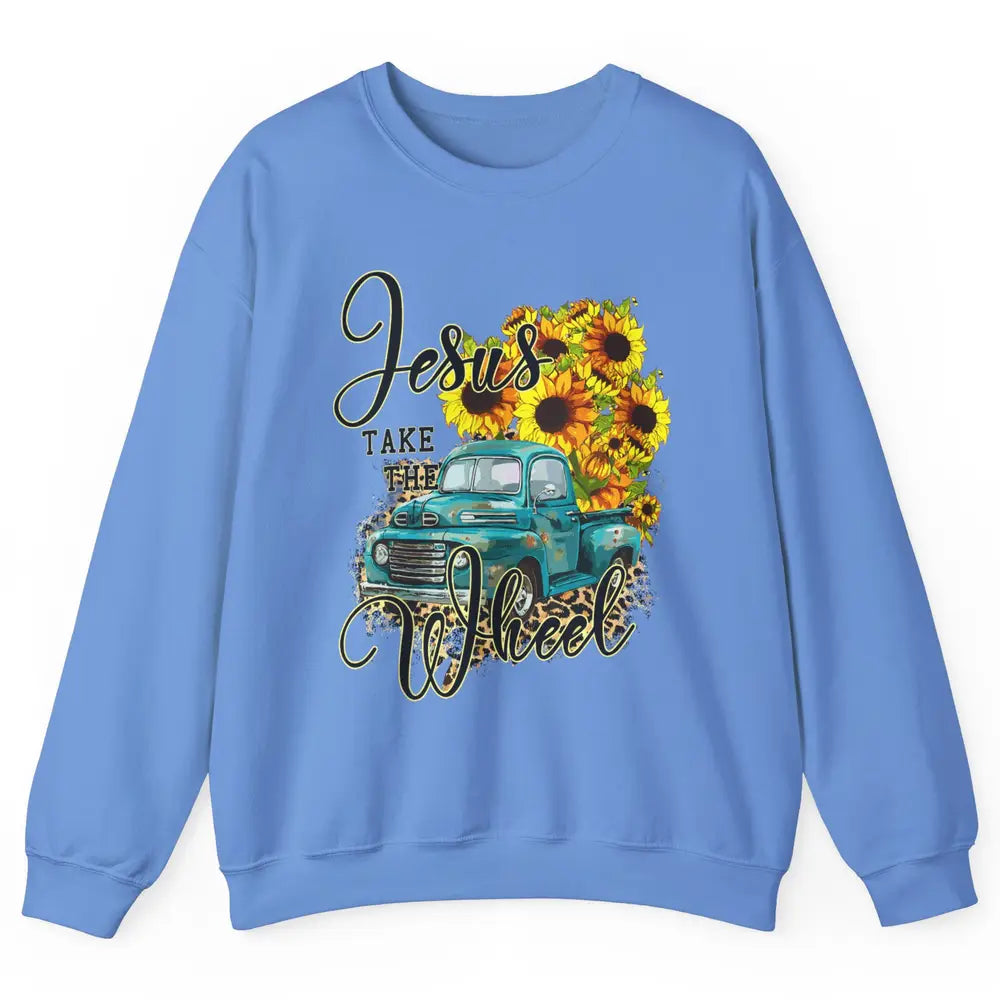 Sunflower Jesus Take The Wheel Christian Leopard God Bible Unisex Crewneck Sweatshirt