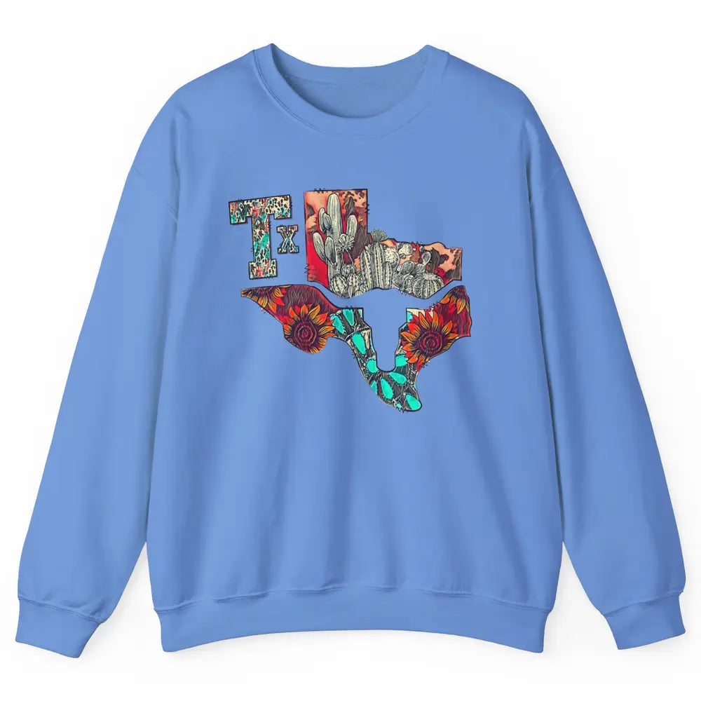 Texas Map Boho Texas State Leopard Western Desert Cactus Unisex Crewneck Sweatshirt