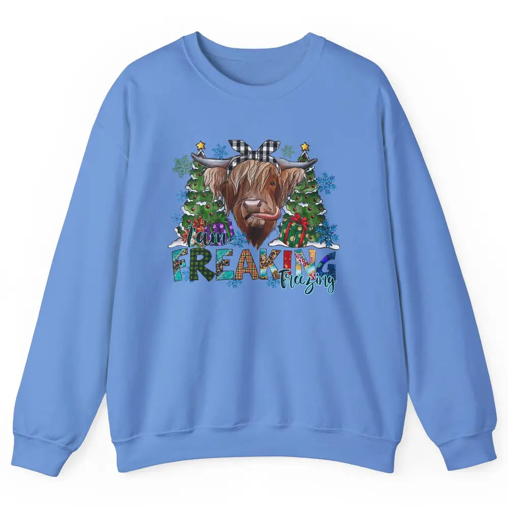 Highland Cow Bandana I'm Freaking Freezing Western Christmas Unisex Crewneck Sweatshirt