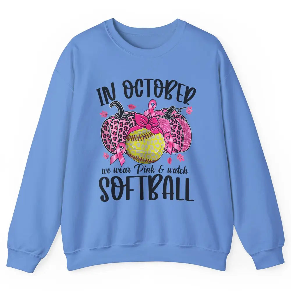 Softball Leopard Pumpkin In October Breast Cancer Awareness Unisex Crewneck Sweatshirt