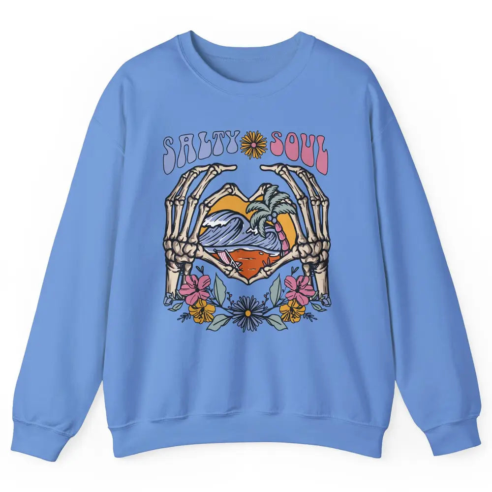 Retro Salty Beach Soul Floral Wave Skeleton Summer Vibes 70s Unisex Crewneck Sweatshirt