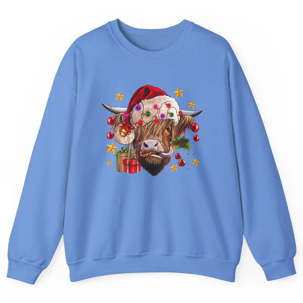 Highland Cow Joy Santa Hat Christmas Ornament Western Farm Unisex Crewneck Sweatshirt