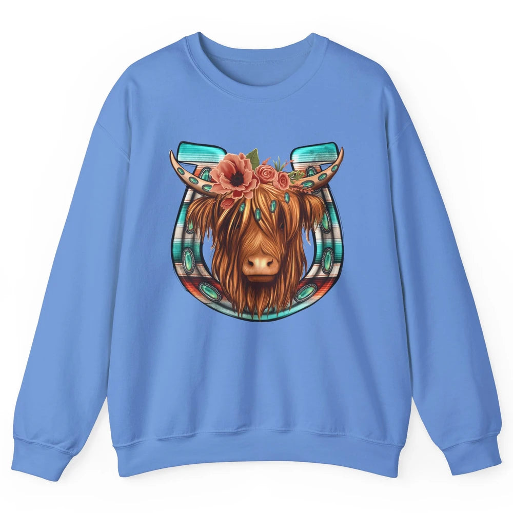 Floral Highland Cow Heifer Horseshoe Western Country Cowboy Unisex Crewneck Sweatshirt