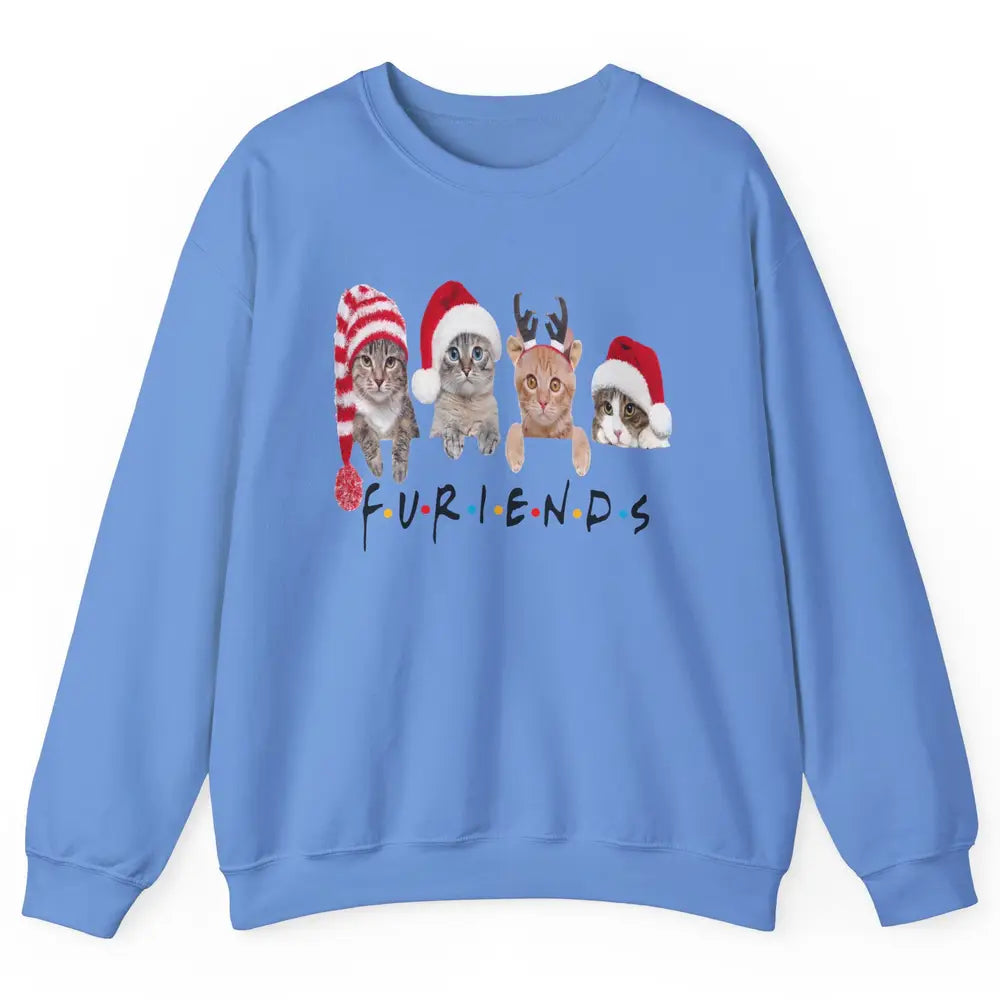 Funny Cat Furiends Merry Christmas Hat Santa Cat Lovers Gift Unisex Crewneck Sweatshirt