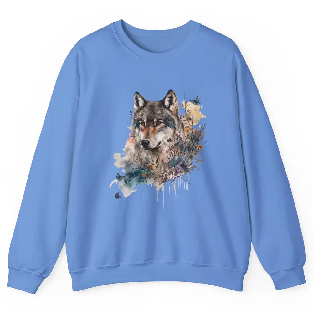 Watercolor Wolf Face Howl Butterfly Wolves Wild Animal Retro Unisex Crewneck Sweatshirt