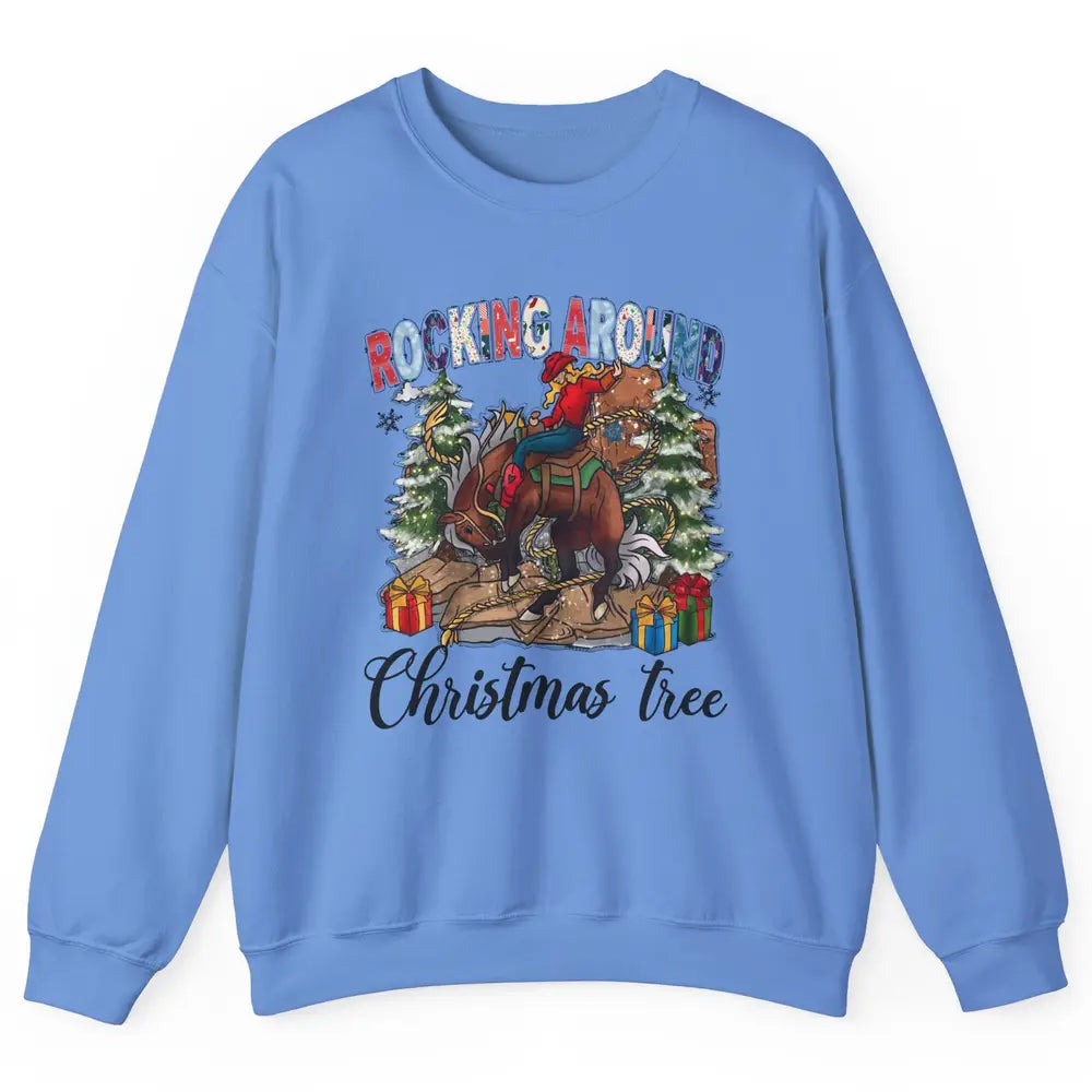 Funny Cowgirl Horsing Rocking Around Christmas Tree Western Unisex Crewneck Sweatshirt