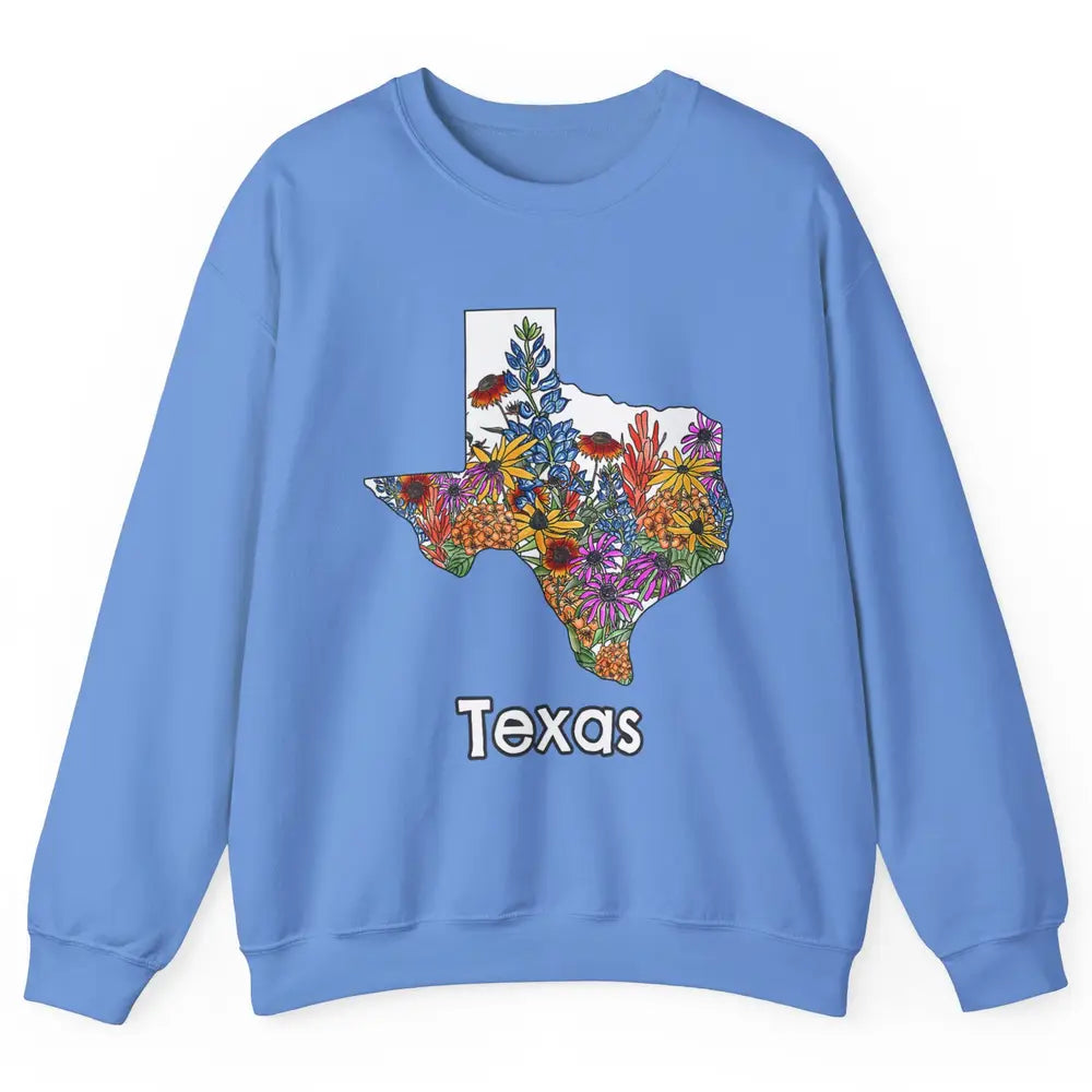 Texas Map Pride Wildflower Western Country Bluebonnet Flower Unisex Crewneck Sweatshirt