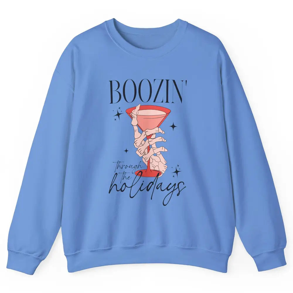 Boozin’ Through The Holidays Christmas Drinking Wine Glass Unisex Crewneck Sweatshirt