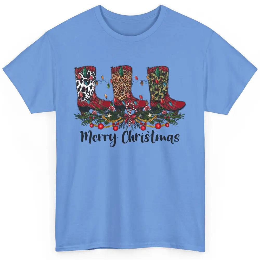 Christmas Cowboy Boots Santa Boots Leopard Western Christmas Classic Unisex T-Shirt