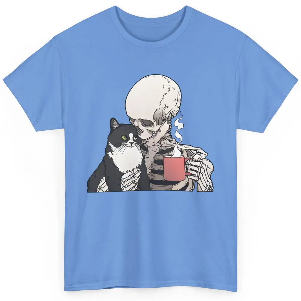 Funny Cat And Skeleton Drinking Coffee Best Friend Cat Lover Classic Unisex T-Shirt