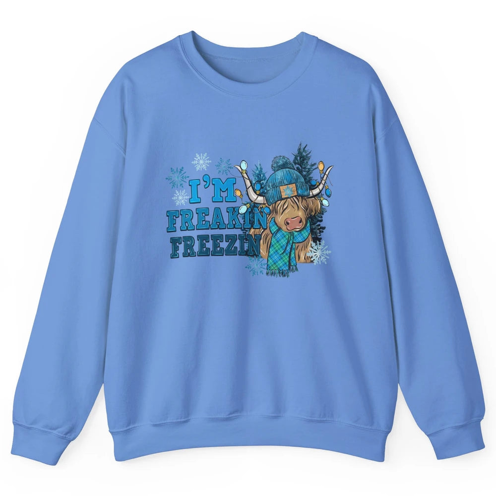 Funny Christmas Highland Cow I'm Freaking Freezing Western Unisex Crewneck Sweatshirt