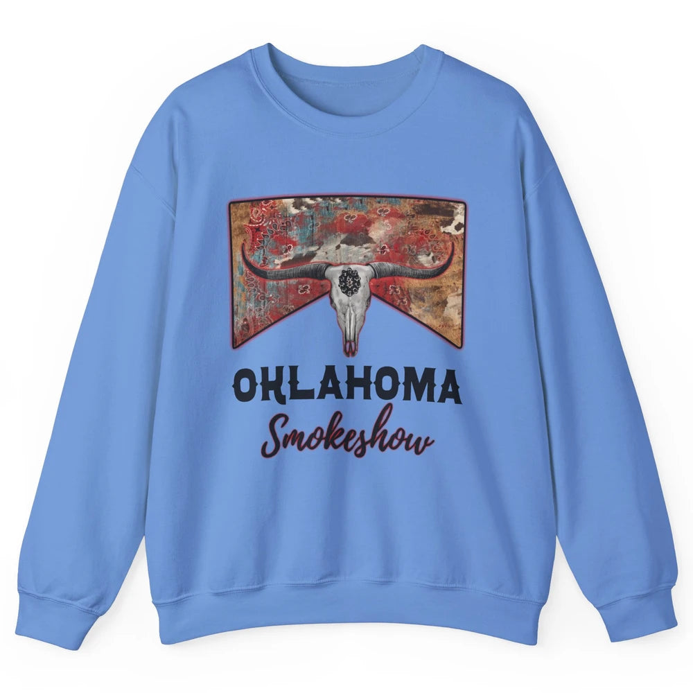 Boho Bull Skull Cow Print Oklahoma Smokeshow Western Country Unisex Crewneck Sweatshirt