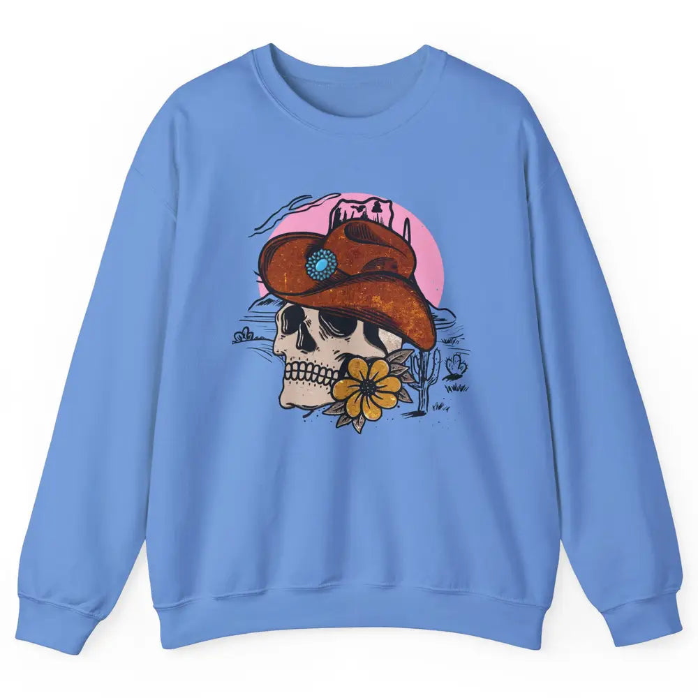 Skull Desert Cactus Cowboy Gemstone Hat Western Country Girl Unisex Crewneck Sweatshirt