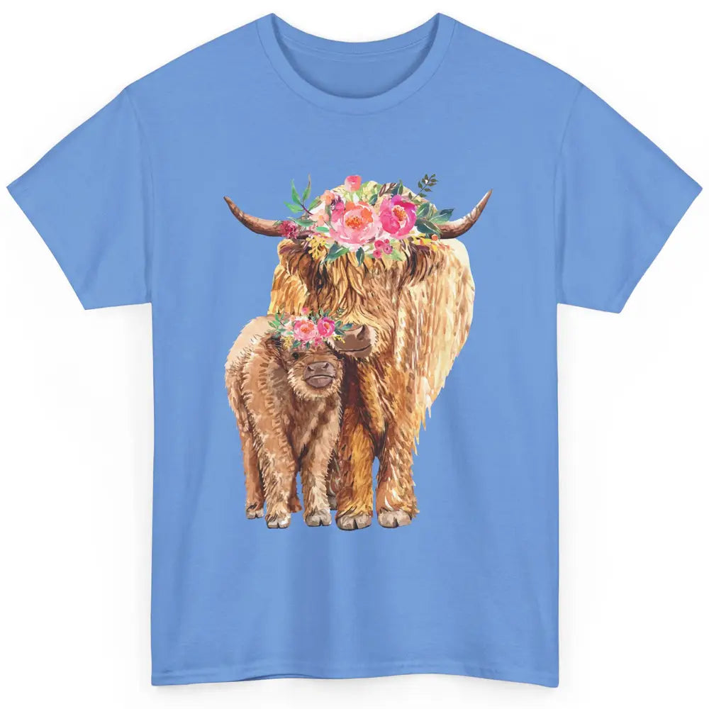 Floral Highland Cow Mom And Baby Western Country Heifer Mom Classic Unisex T-Shirt