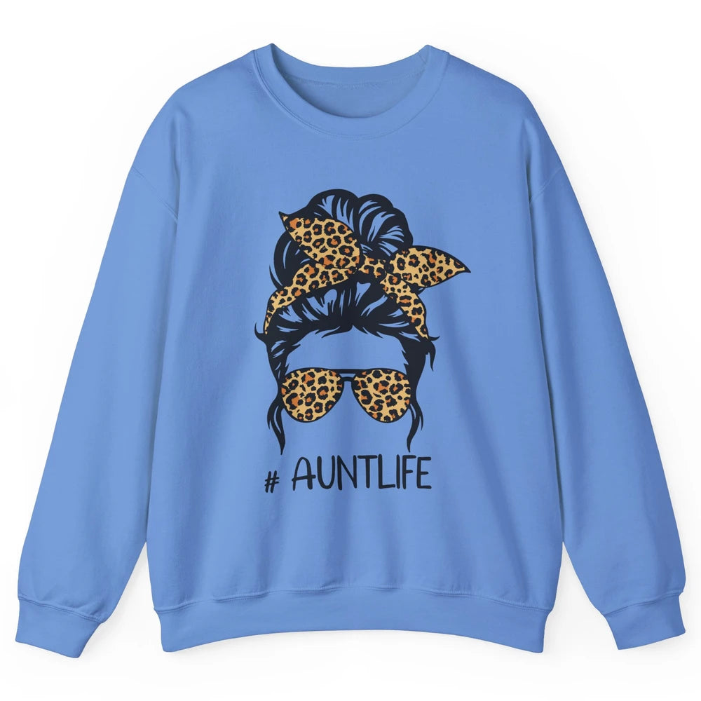 Aunt Life Messy Bun Hair Leopard Sunglasses Bandana Auntie Unisex Crewneck Sweatshirt