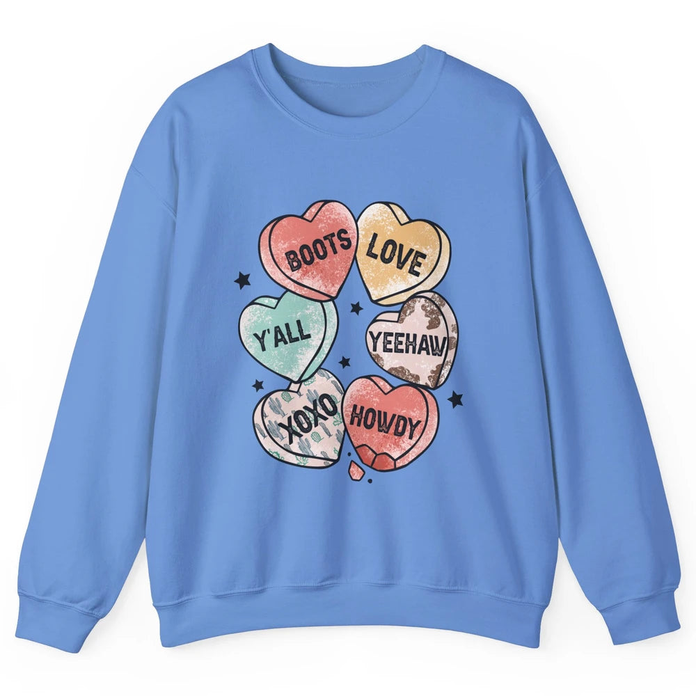 XOXO Love Cowboy Boots Howdy Cowgirl Hearts Western Country Happy Valentine's Day Yeehaw Vintage Cactus Unisex Crewneck Sweatshirt