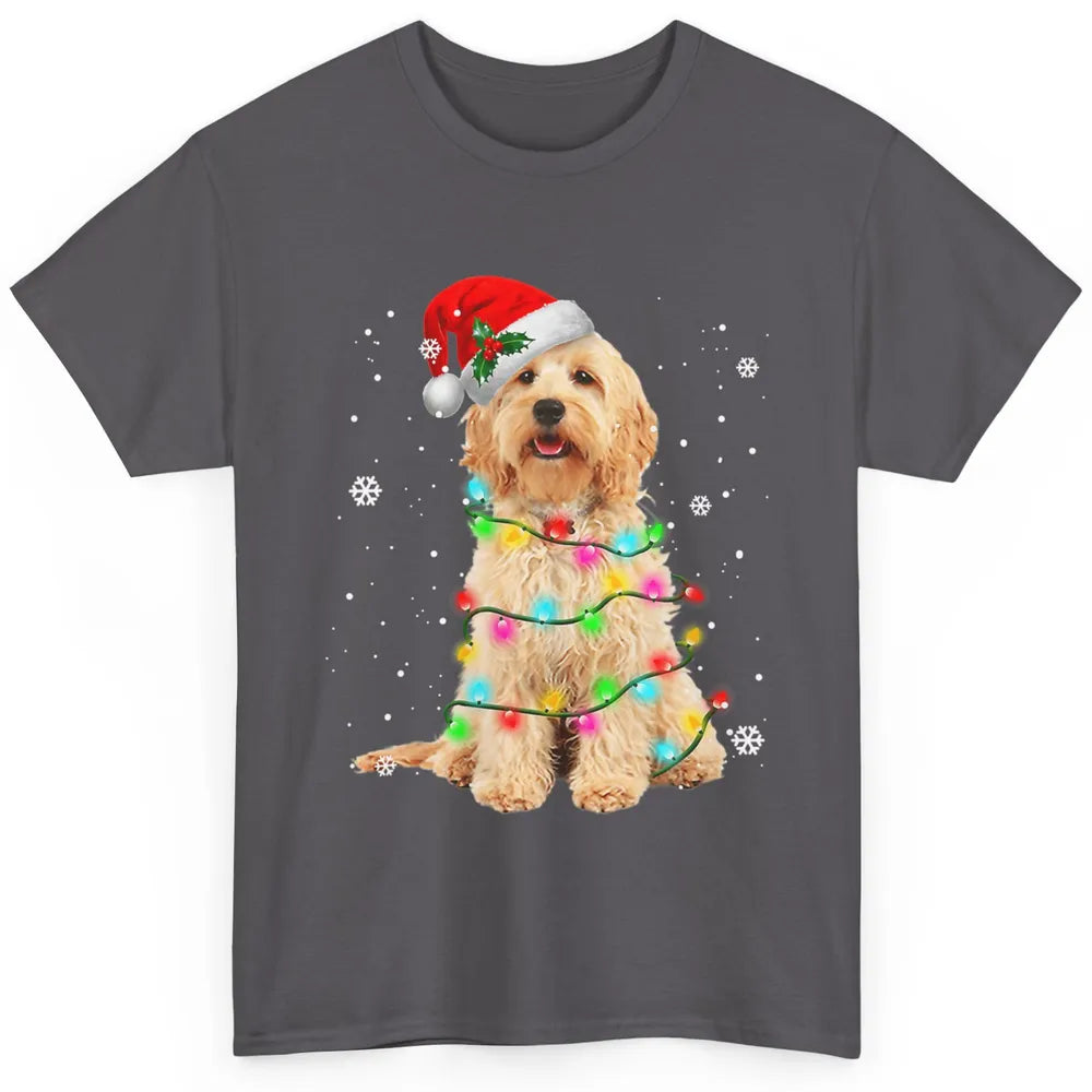 Merry Christmas Golden Doodle Dog Santa Hat Xmas Tree Lights Classic Unisex T-Shirt