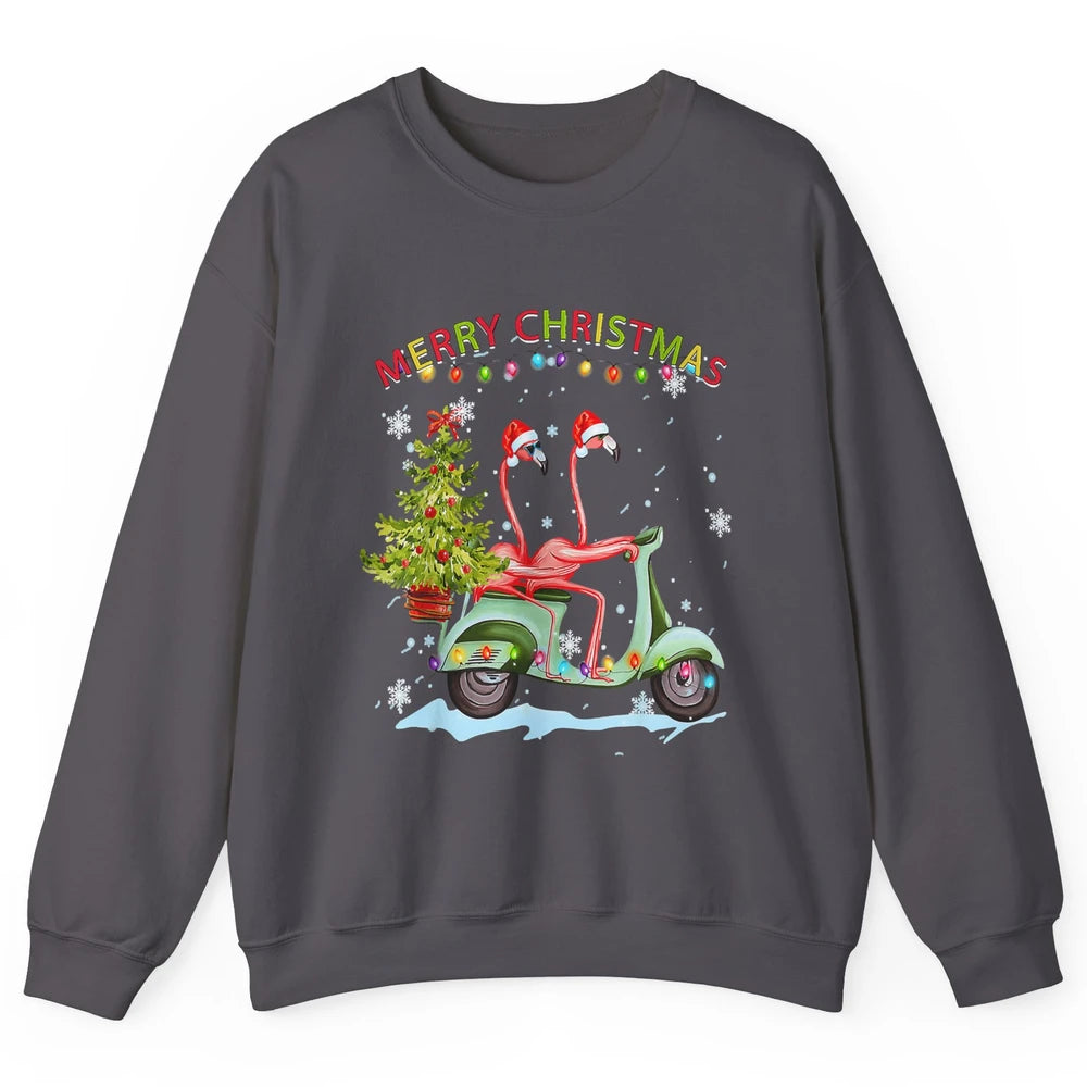 Merry Christmas Flamingos Santa Hat Xmas Lights Motorbike Unisex Crewneck Sweatshirt